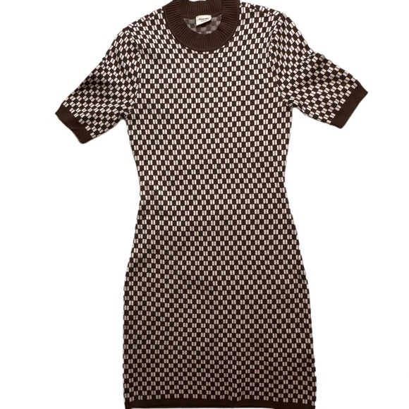 Abercrombie & Fitch Brown White Checkered Knit Sweater Dress Women Bodycon Small - Picture 1 of 3